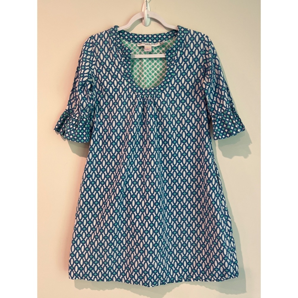 Gretchen Scott Blue Teal Geometric Cotton Shift Dress 3/4 Ruffle Bell Sleeve M